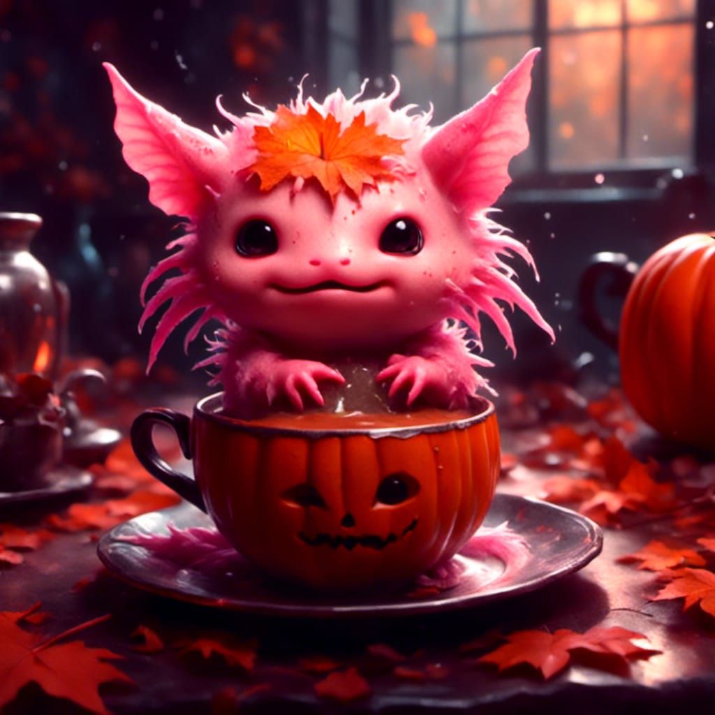 An cute adorable chibi pumpkin-axolotl drinking a cup of moc...