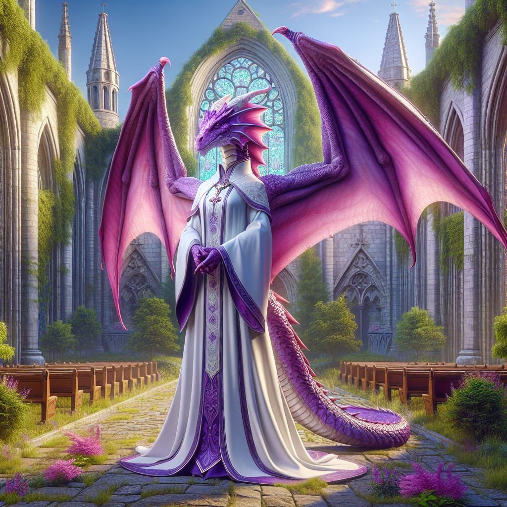 Purple Dragonborn Abbess in Church Courtyard