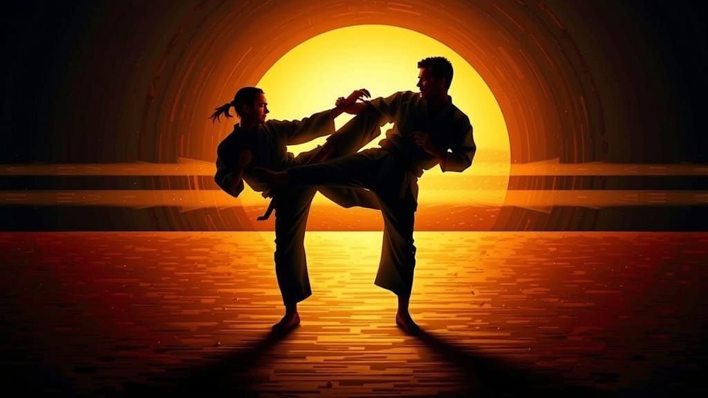 Karate Duel at Sunset in Pop Art Style