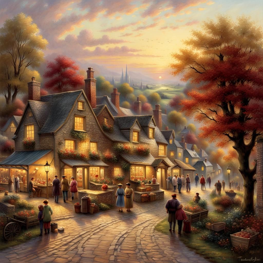 16k resolution, art by Thomas Kinkade, John Constable. A cozy village surrounded by orchards of apple trees, villagers g...