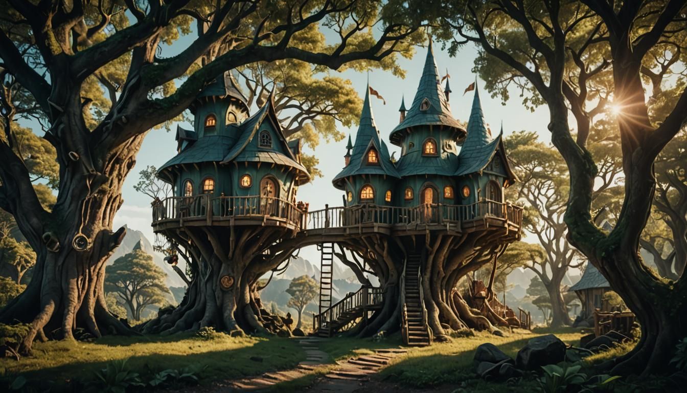 Enchanting Elven Treehouse with Round Towers