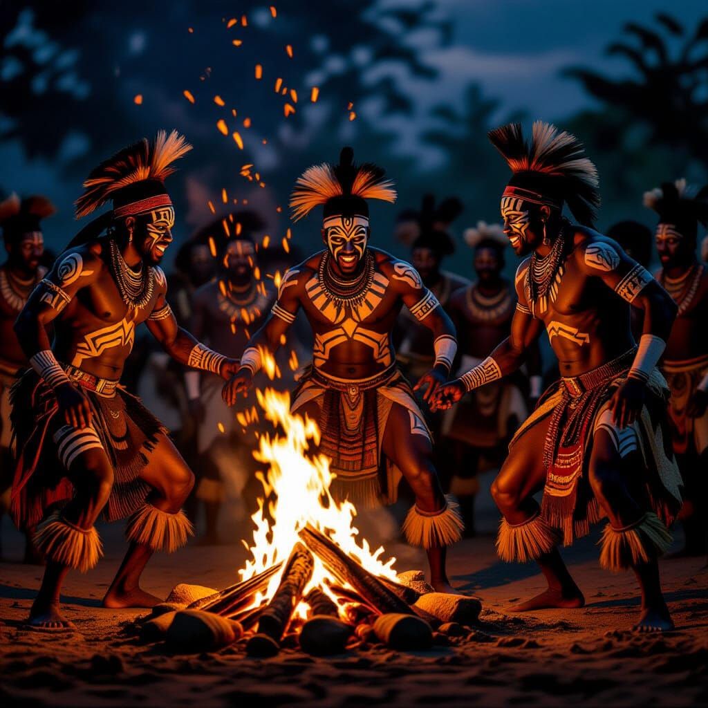 African Warriors Dance Around Fire in Tribal Art Style