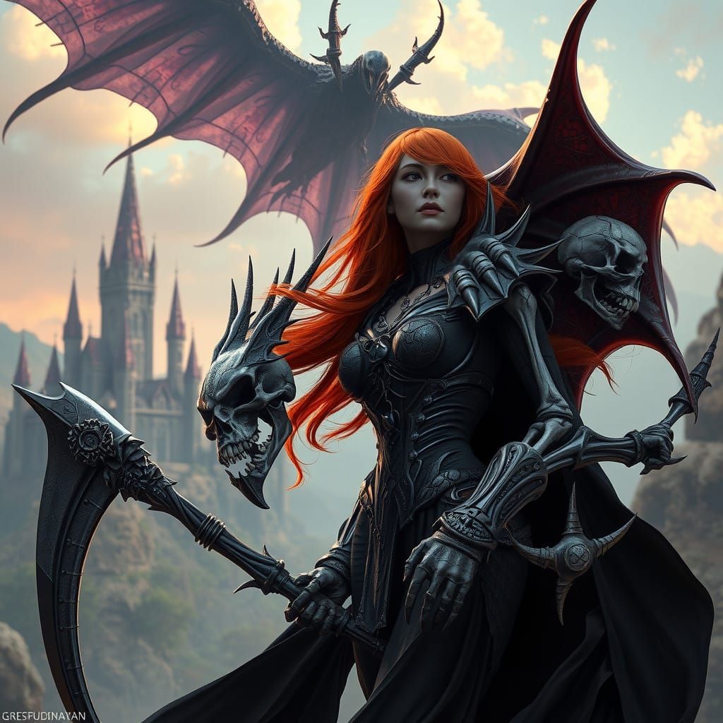 Dark Fantasy Castle Landscape with Skeleton Dragon and Dervi...