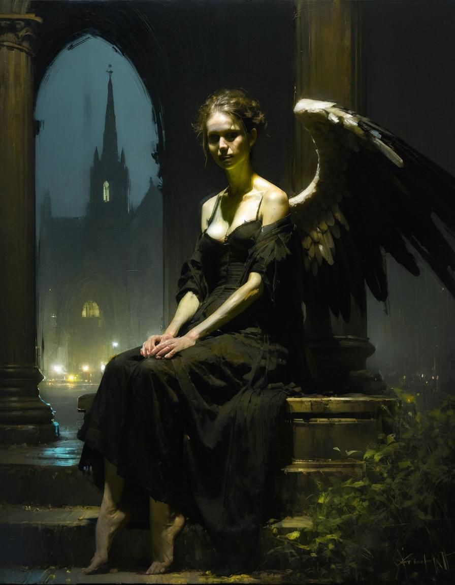 Angel in Garden: Chiaroscuro Oil Painting