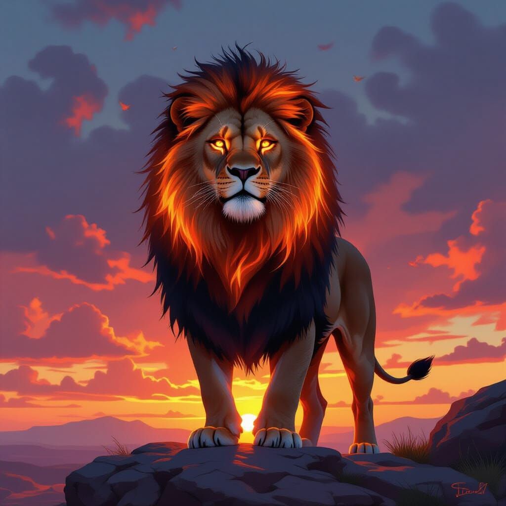 Fiery Lion on Rocky Crag at Sunset, Hyperrealistic Style