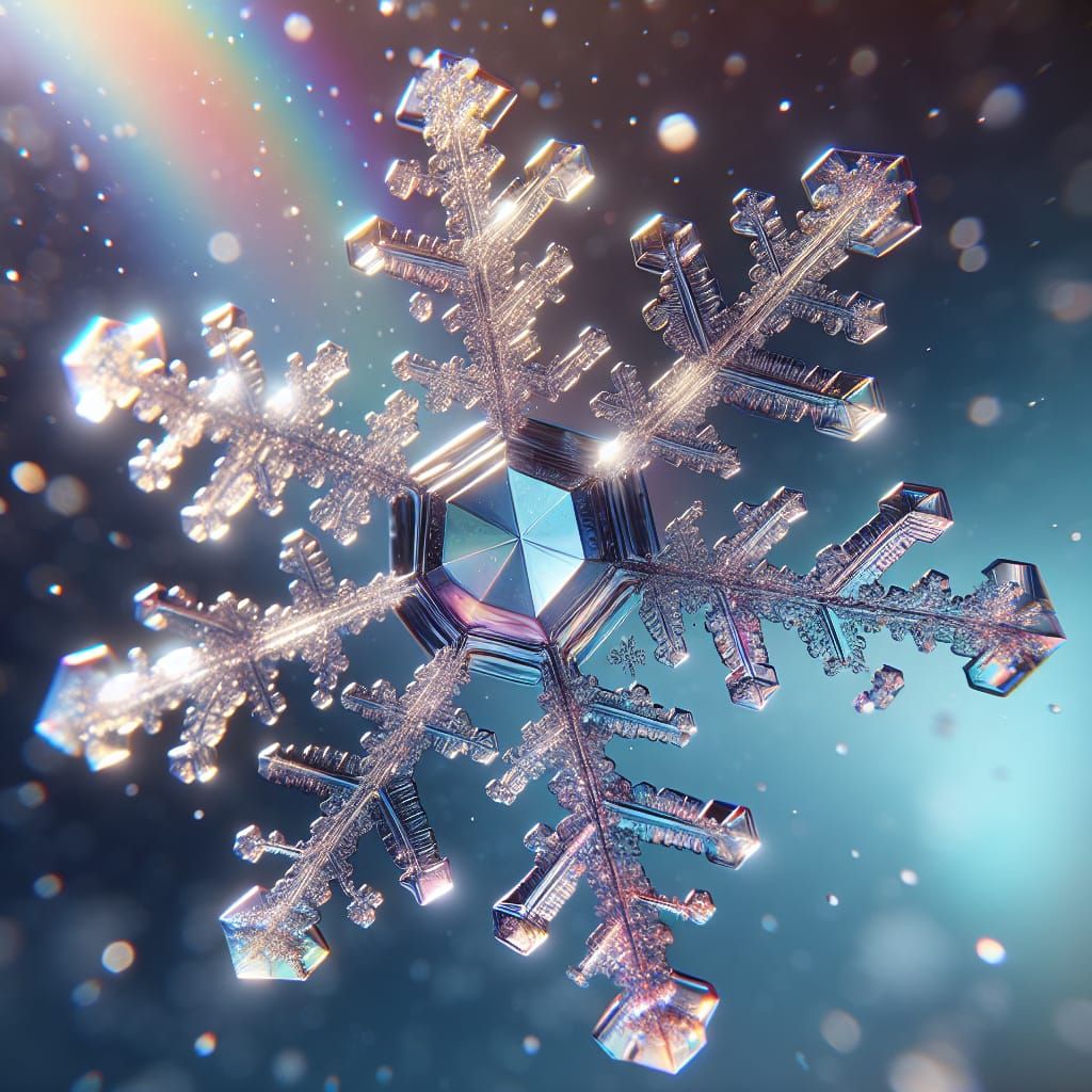 Liquid Chrome Snowflake in Dreamlike Winter Scene