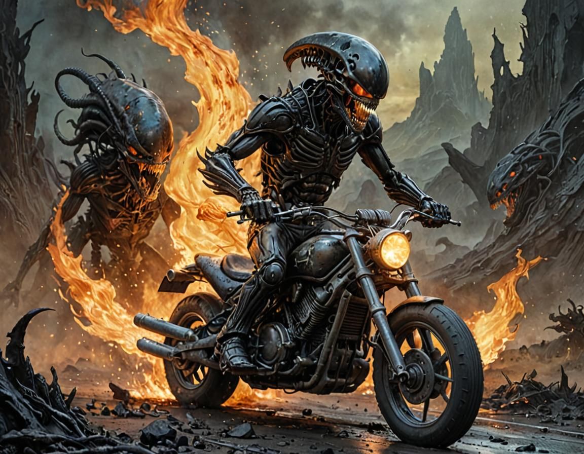 Xenomorph Ghost Rider in an Alien Landscape