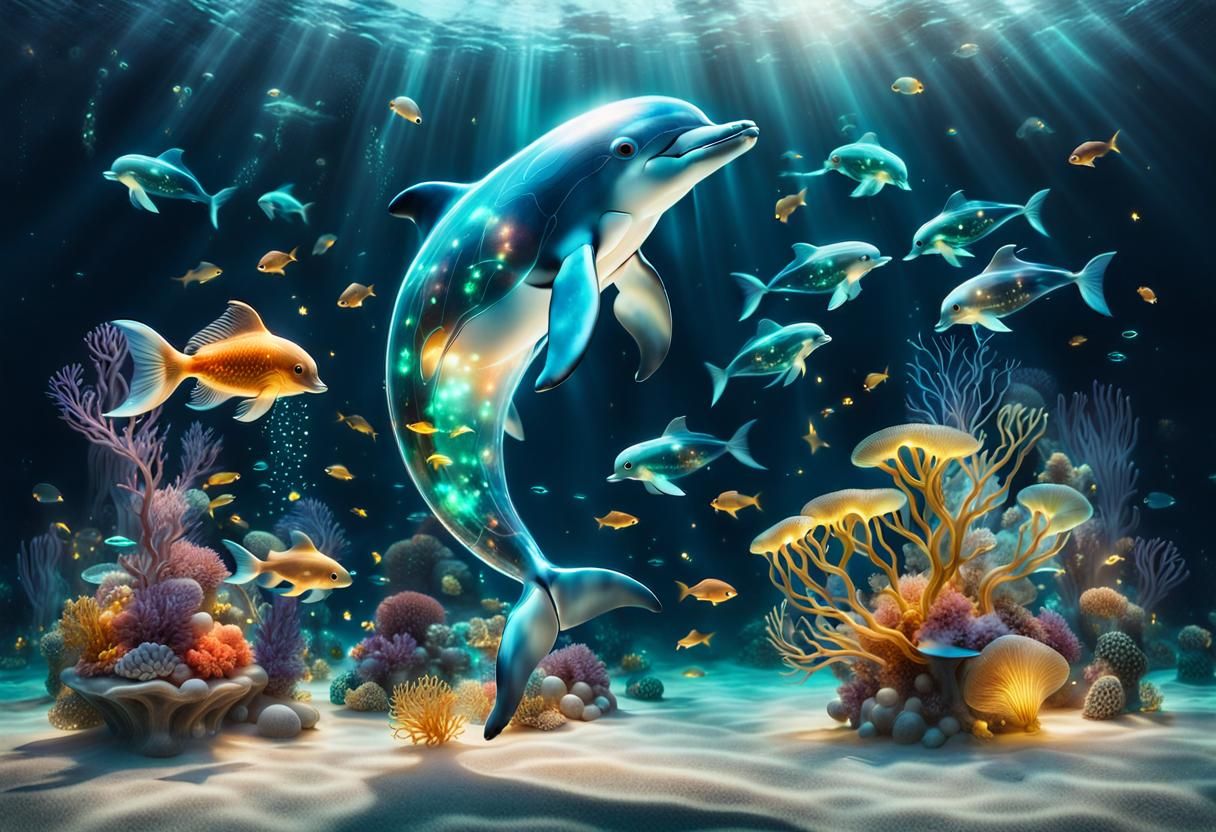 Glowing Glass Dolphin in Underwater Fantasy