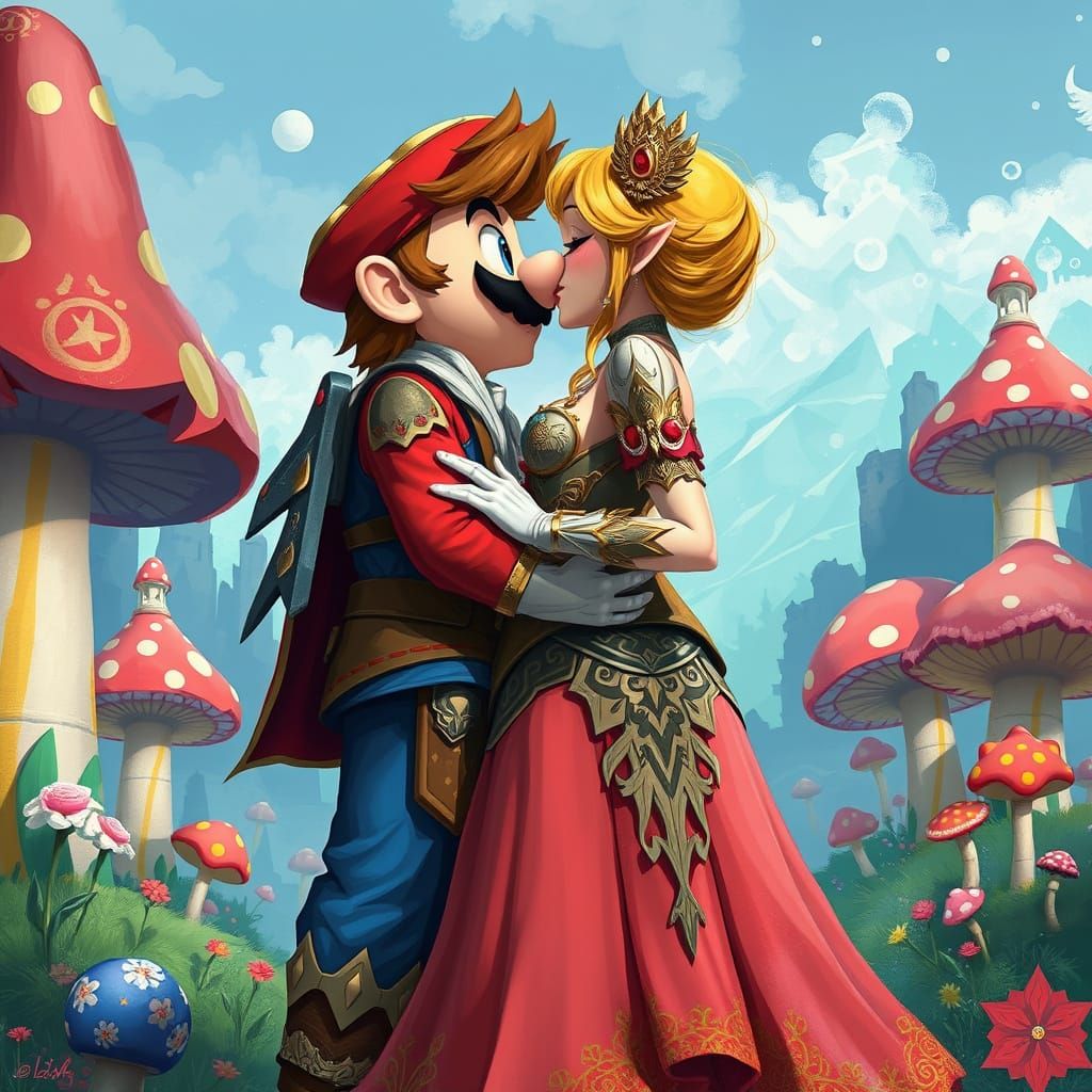 Mario and Zelda Share a Kiss in Mushroom Kingdom