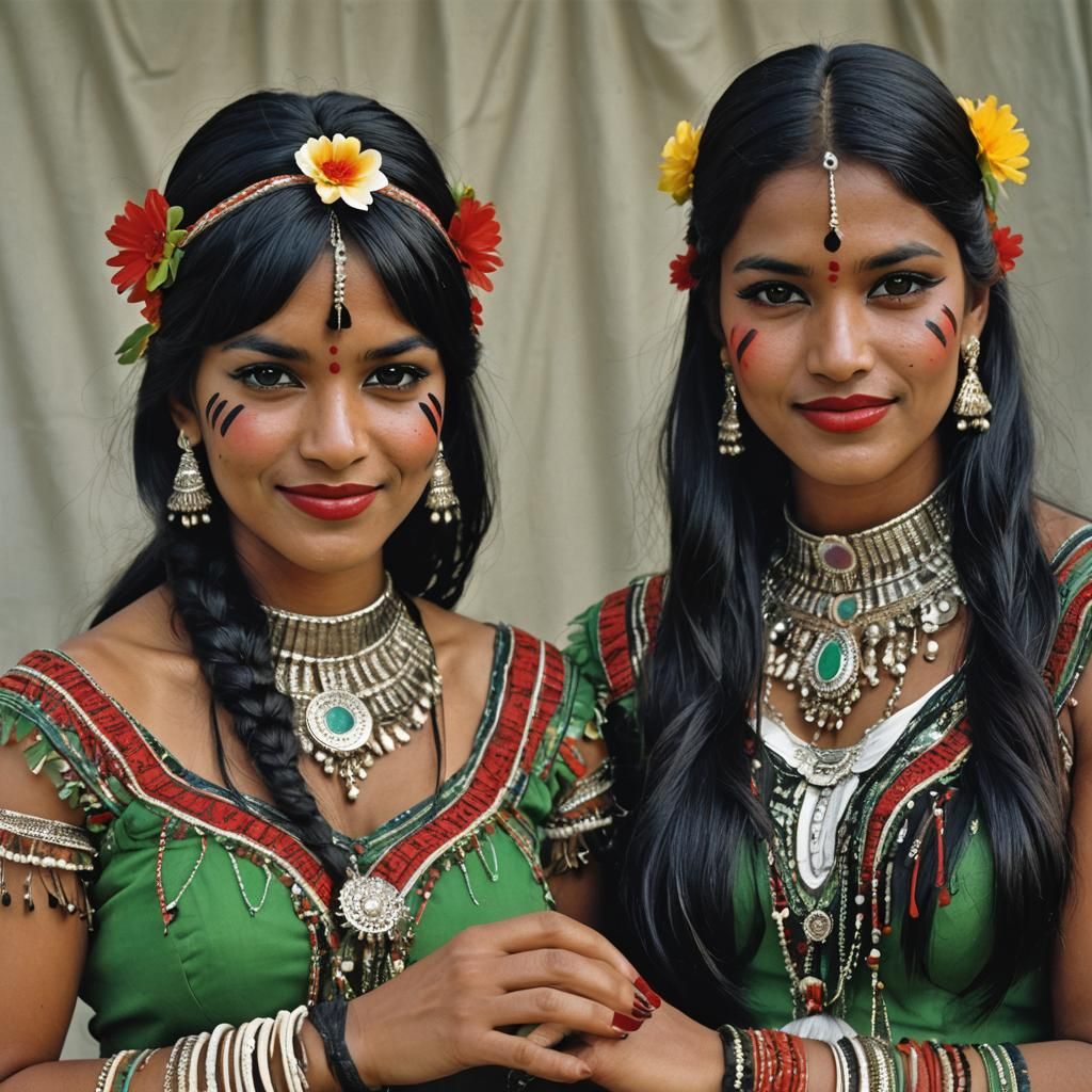 Indigenous Women with Flowers: Photorealistic Close-Up