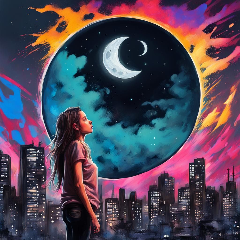 Girl Gazing at Moon in Magical Graffiti Art