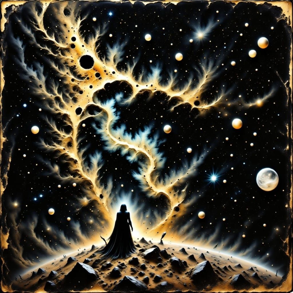 Mysterious Figure Reaches for Artifact in Cosmic Vortex