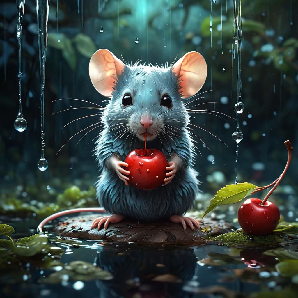 Mouse with Cherry in Rain, Digital Art