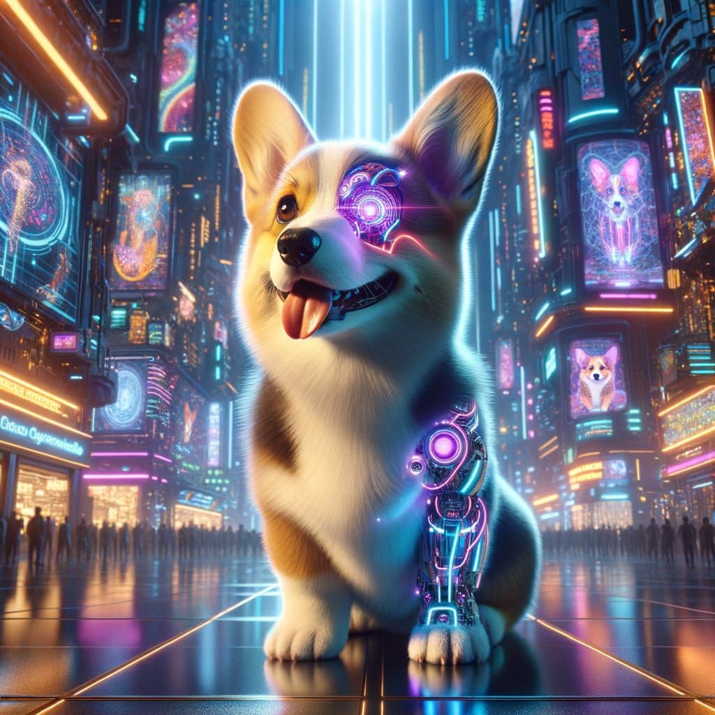 Cybernetic Corgi Puppy in Futuristic Neon City