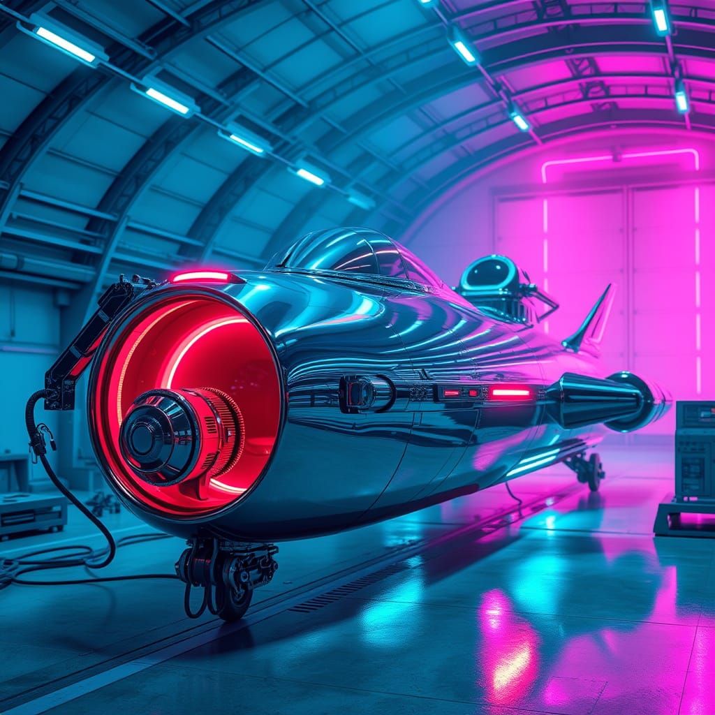 Futuristic Spacecraft in Hangar with Neon Accents