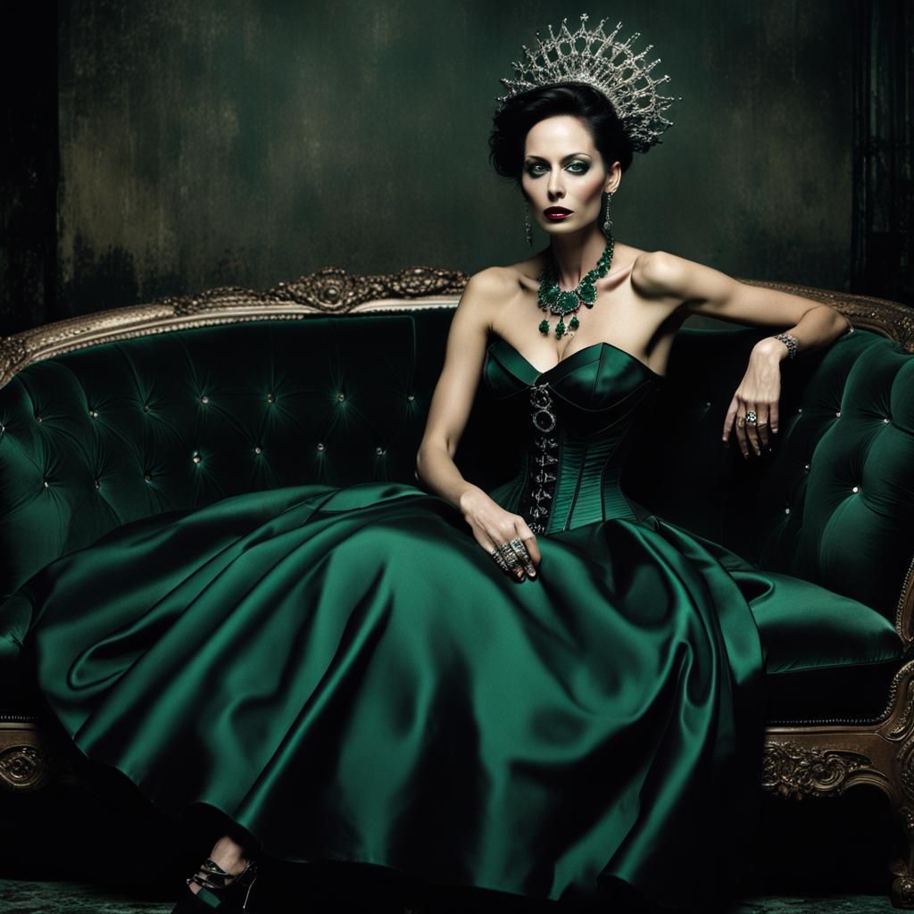 Gothic Woman in Emerald Dress on Sofa, Dark Fantasy Art