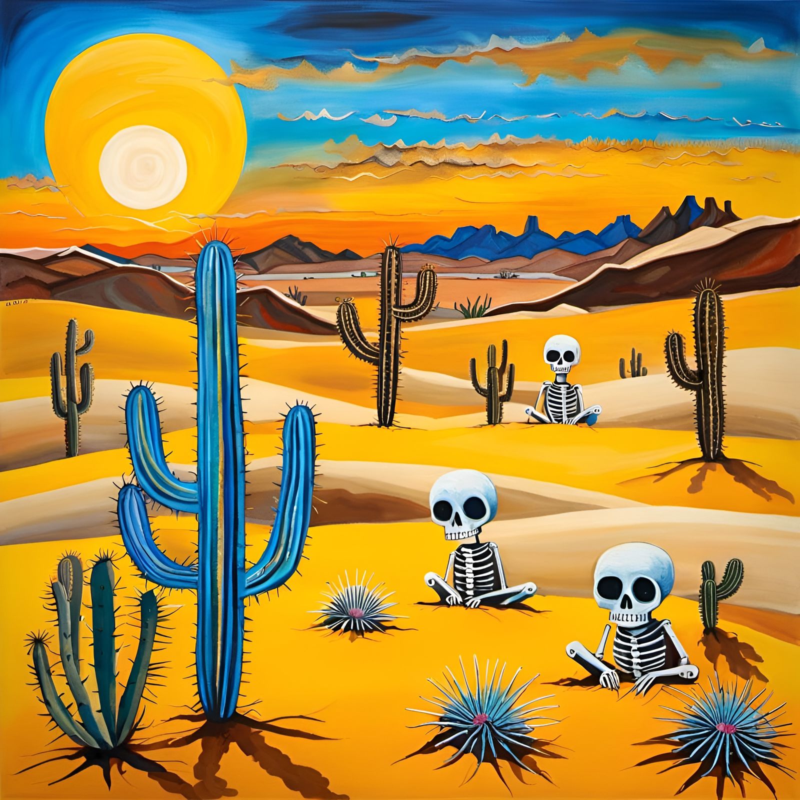 Desert Critters Skeletons Enjoy Sunset in Art Brut Style