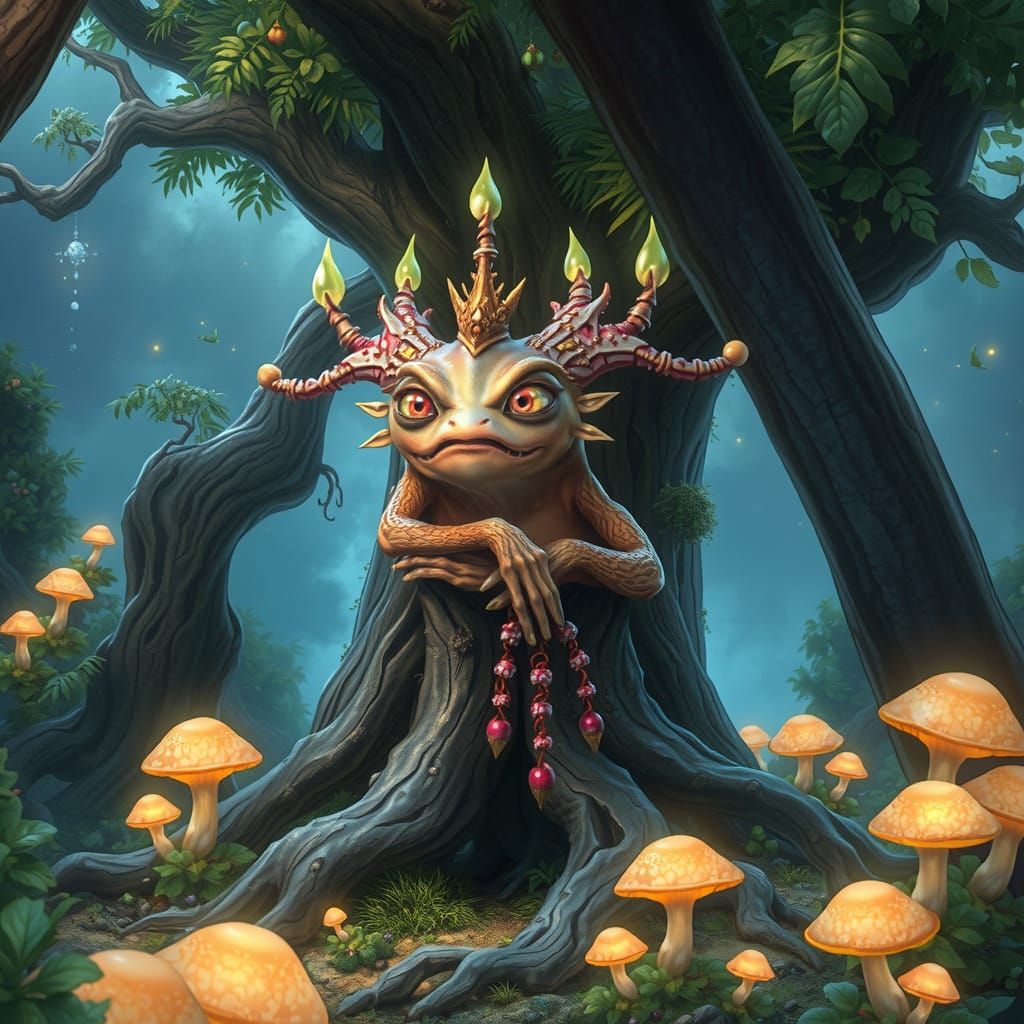 Mystical Brown Berry Monster in Lush, Dreamlike Environment