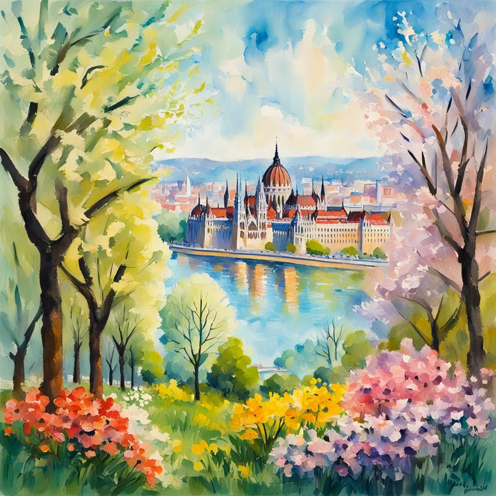 Budapest Spring Watercolor in Gouache Style