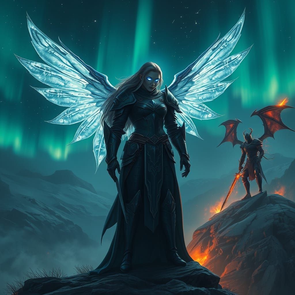 Surreal Fantasy Warrior Confronts Demonic Knight Under Auror...