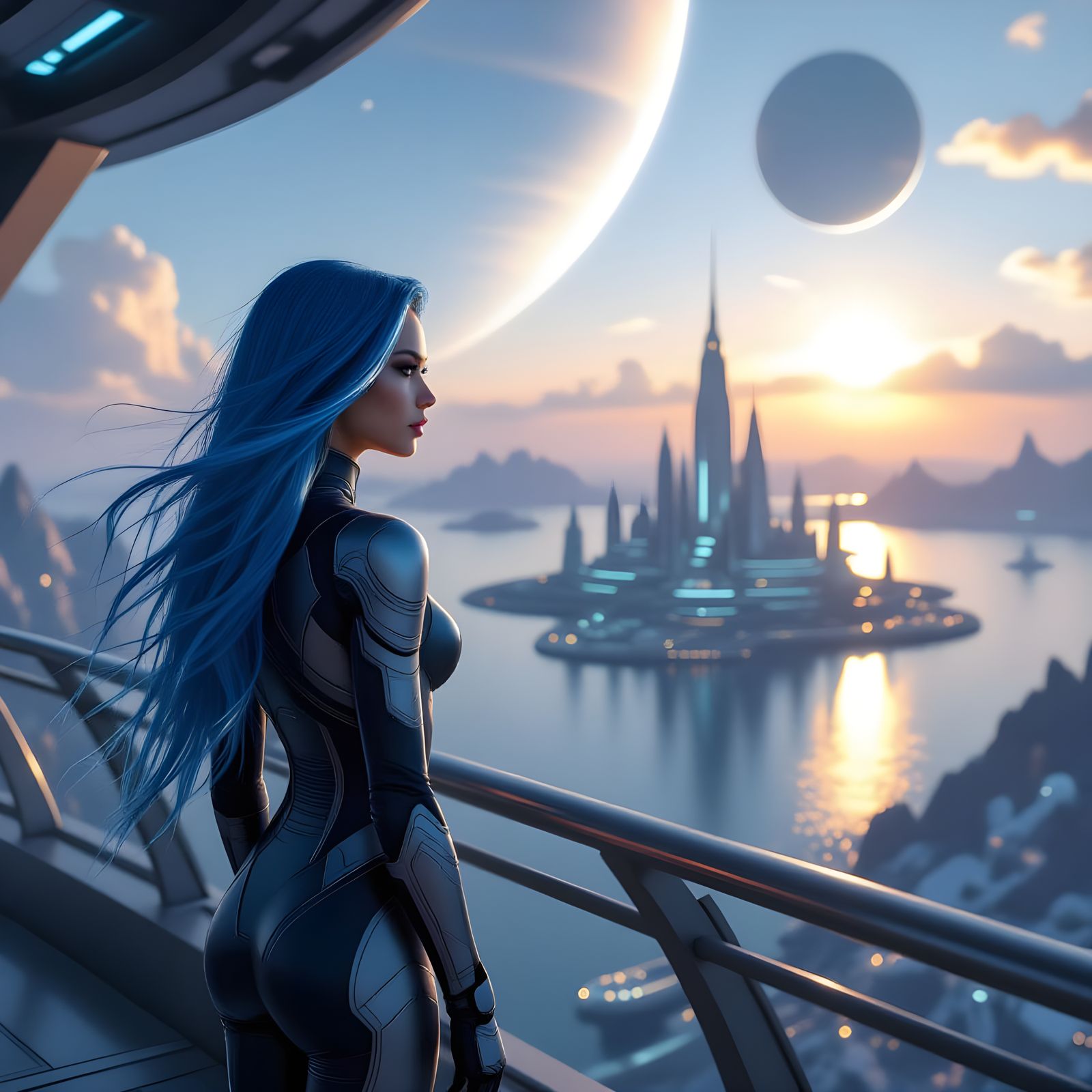 Beautiful Woman on Futuristic Platform Over Alien City