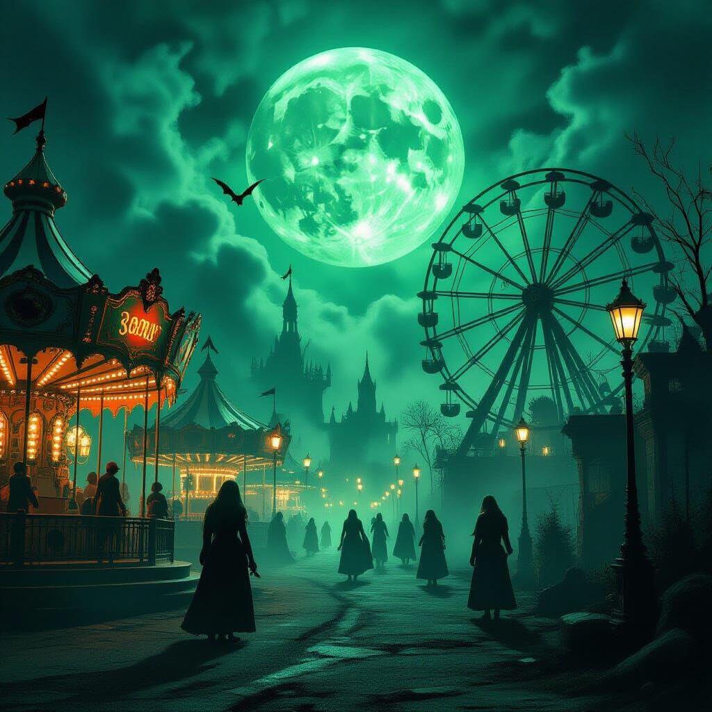 Lovecraftian Autumn Carnival at Midnight with Grotesque Crea...