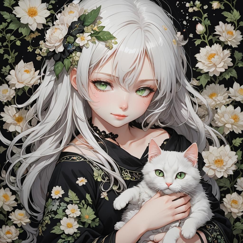 Anime Girl with White Cat, Digital Fantasy Art