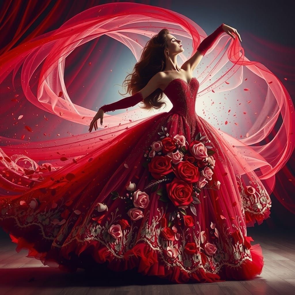 Woman in Flowing Crimson Gown with Roses