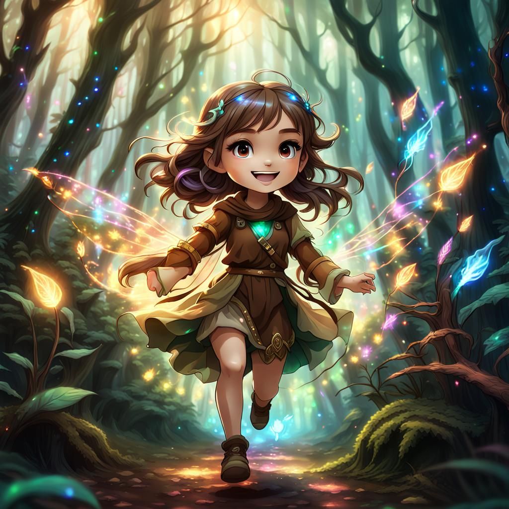 Chibi Girl Runs Through Magical Fairy Forest