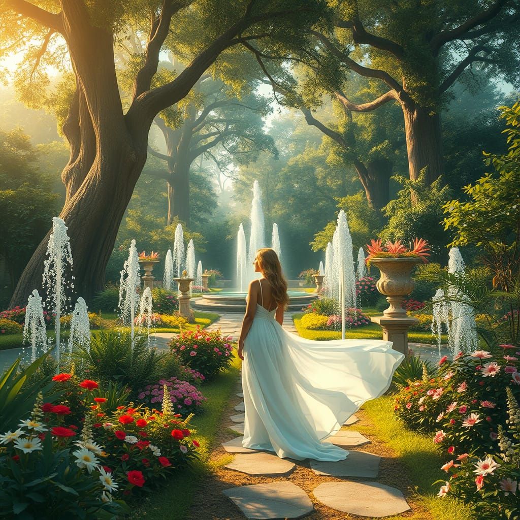 Ethereal Woman in a Peaceful Garden Scene