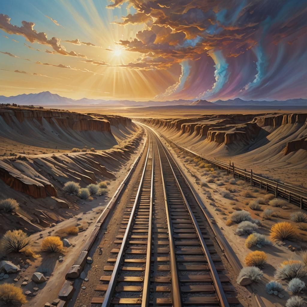 Golden Railroad Across Iridescent Desert: Surreal Oil Painti...
