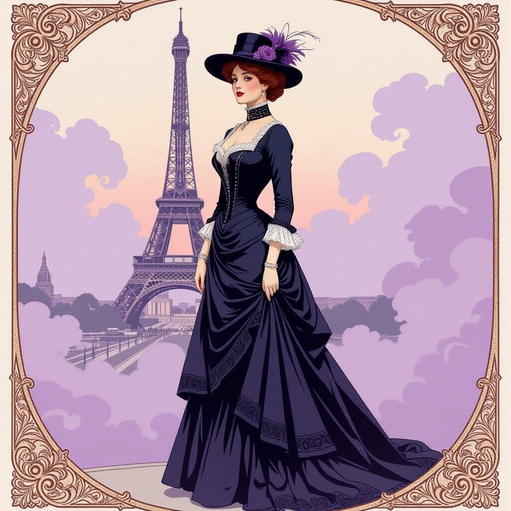 Victorian Woman at Eiffel Tower in Mucha Style
