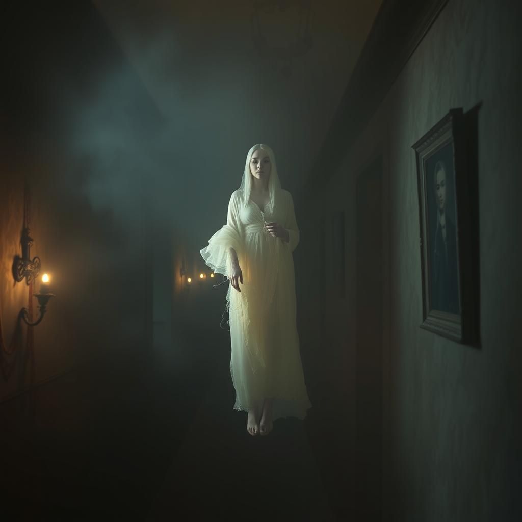 Ethereal Apparition in Foggy Hallway: Surreal Horror