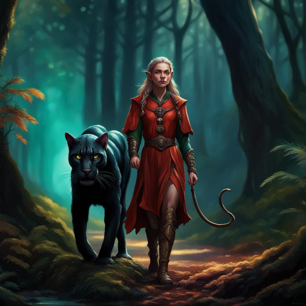 Elf walking through the woods with her panther,