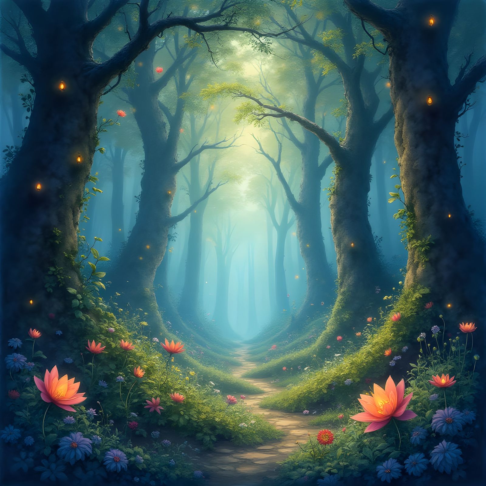 Enchanted Forest Illuminated by Whimsical Lights
