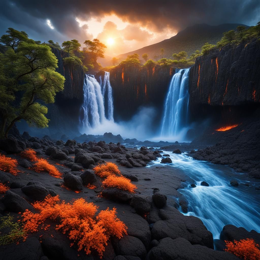 Volcanic Waterfalls with Electrifying Blue Lightning