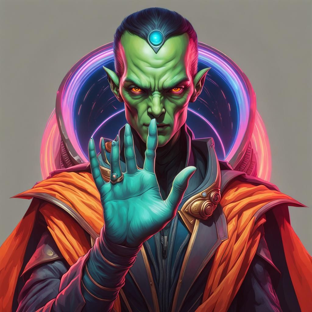 Half-length portrait of an alien doing a Vulcan salute with his hand looking at the camera, friendly, pleasant, rule of ...