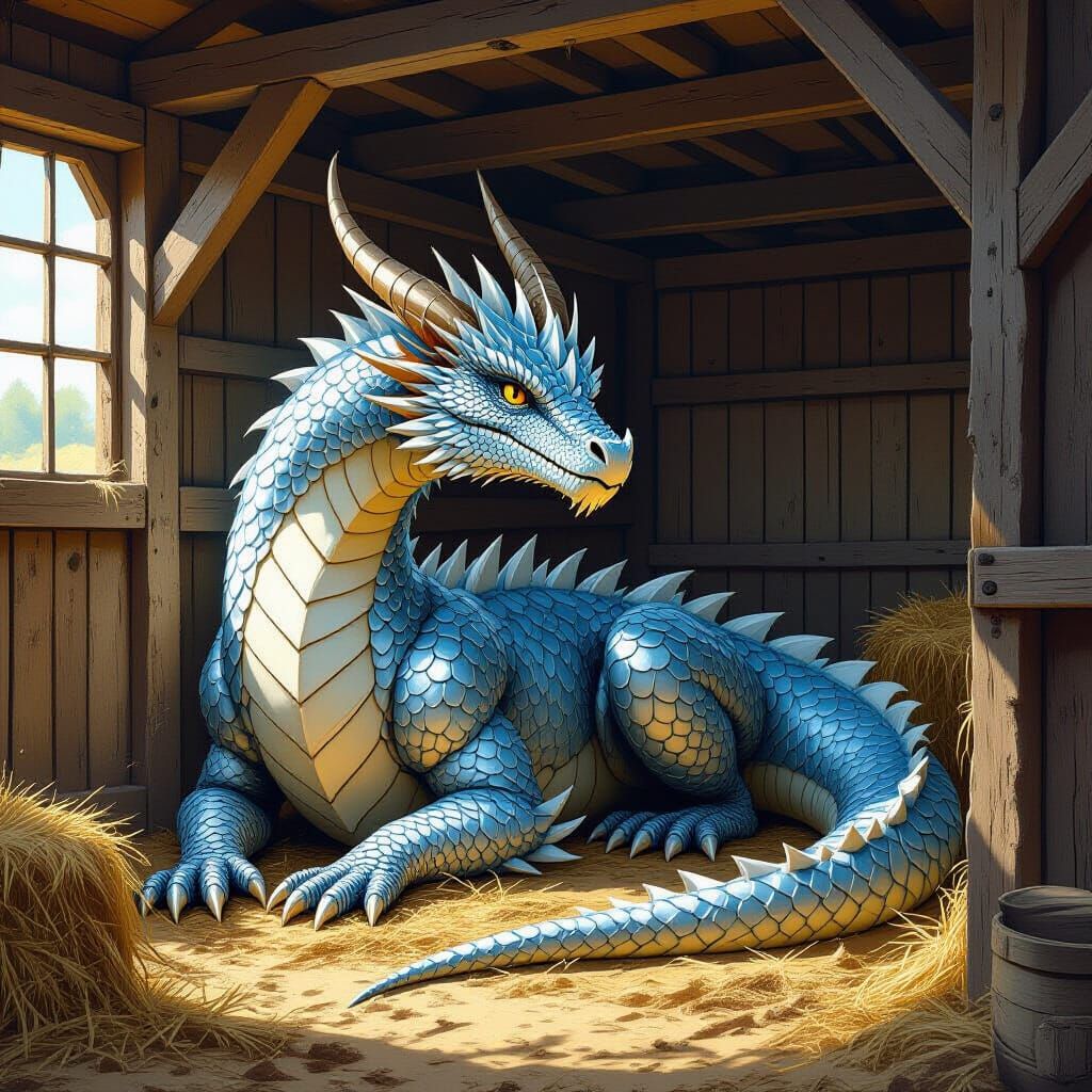 Majestic Silver Dragon Resting in Rustic Stable