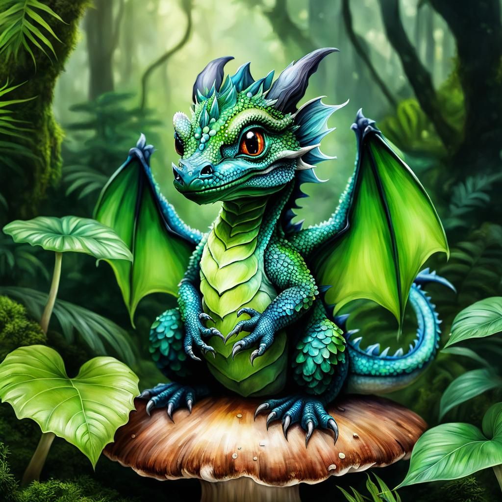 Baby Dragon in Rainforest, Alcohol Ink Painting