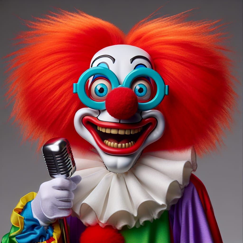 Zany Cartoon Clown with Red Hair and Nose