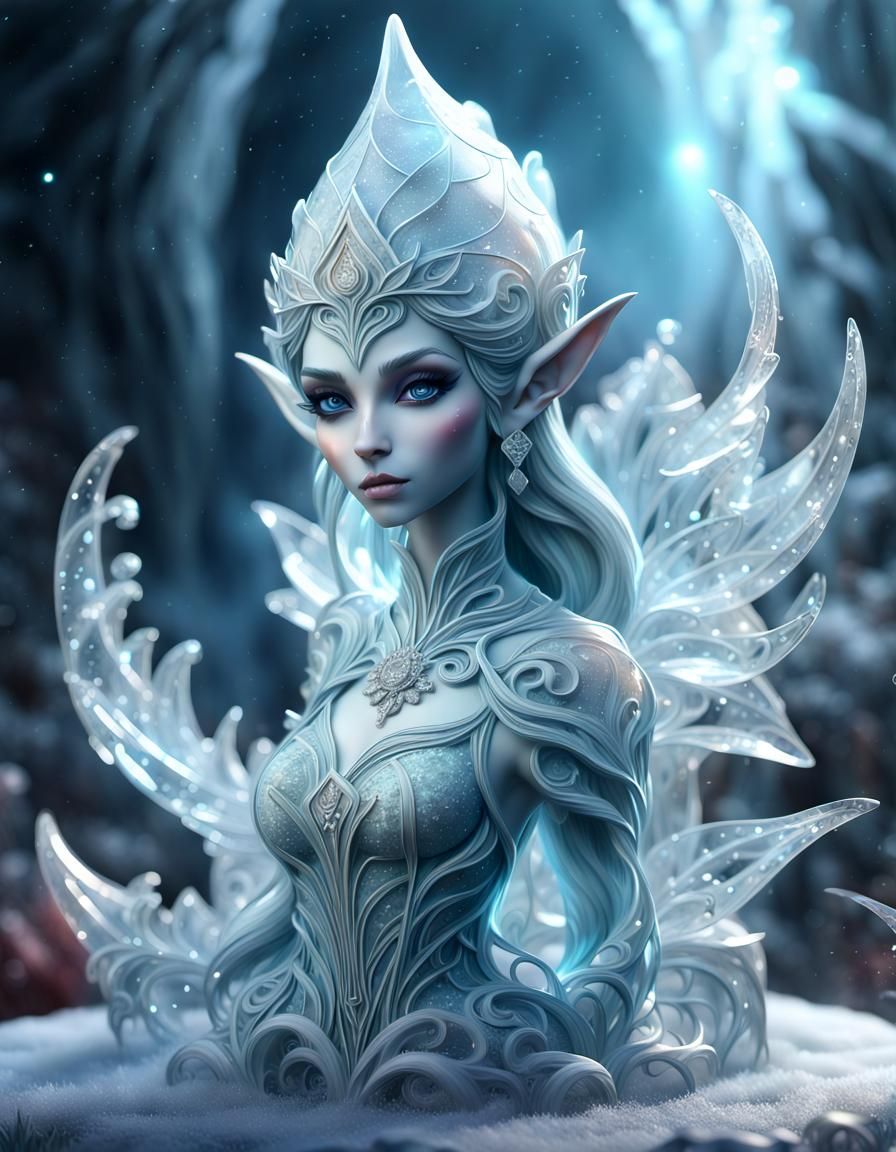 Surreal Ice Elf Sculpture with Sparkling Diamonds and Stardu...