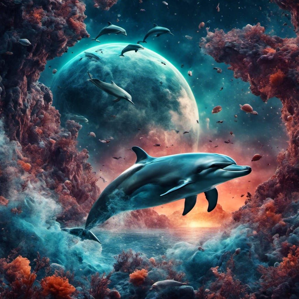 Cosmic Dolphin Odyssey in Vibrant, Fantastical Art