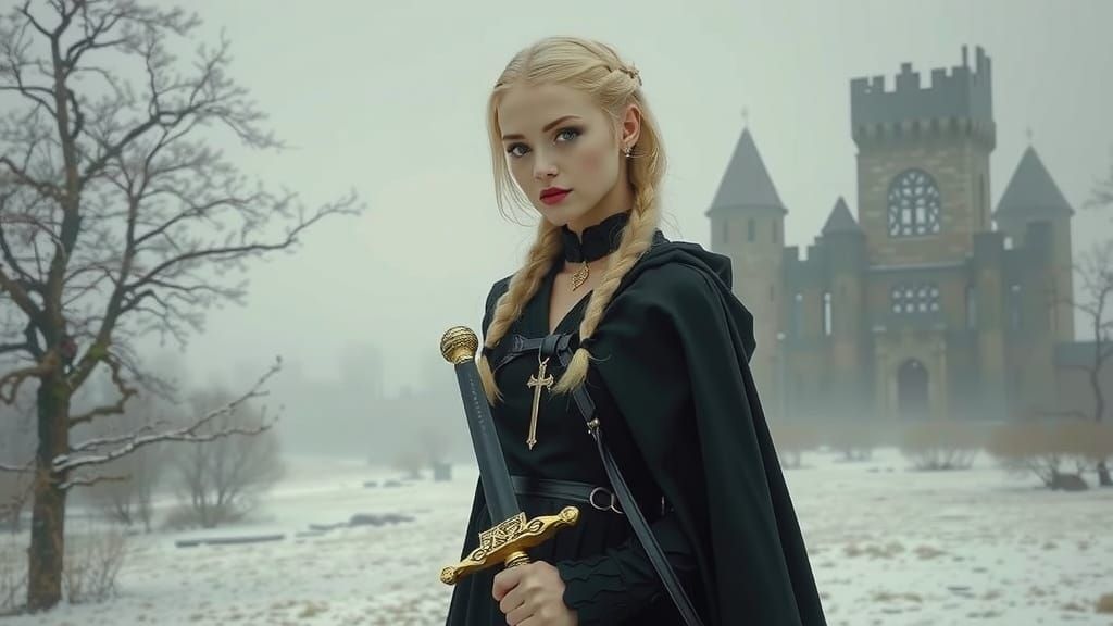 Mystical Woman with Sword in Gothic Snowy Landscape