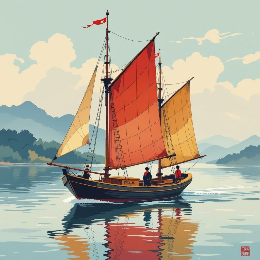 Serene Boat Sailing in Nihonga Japanese Painting Style