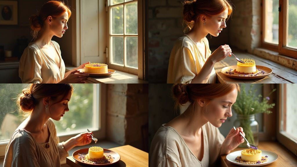 Woman Admires Honey Mousse Dessert by Rustic Window