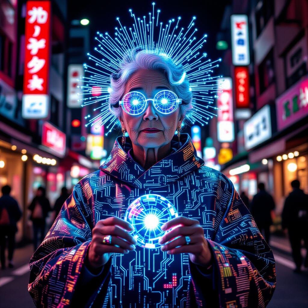 Cyberpunk Weaver in Tokyo: A Mythological Fusion