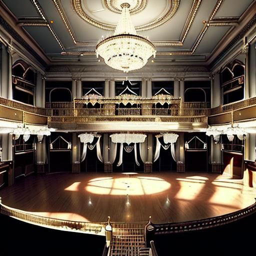 The Grand Ballroom of the RMS Titanic, April 15th, 1912. The room retains its former grandeur, chandeliers sparkling des...