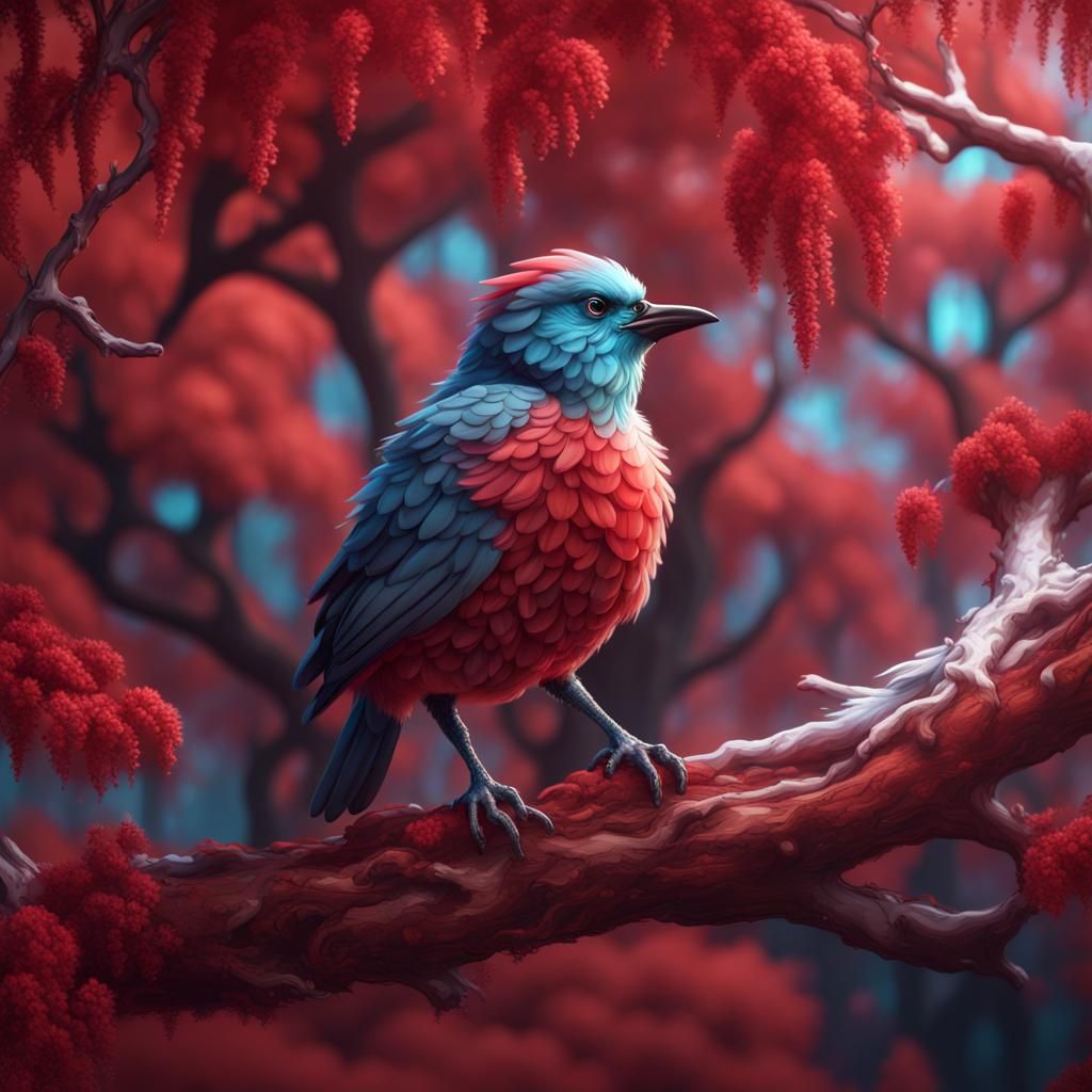 Crystal Bird on Fluffy Red Tree Branch