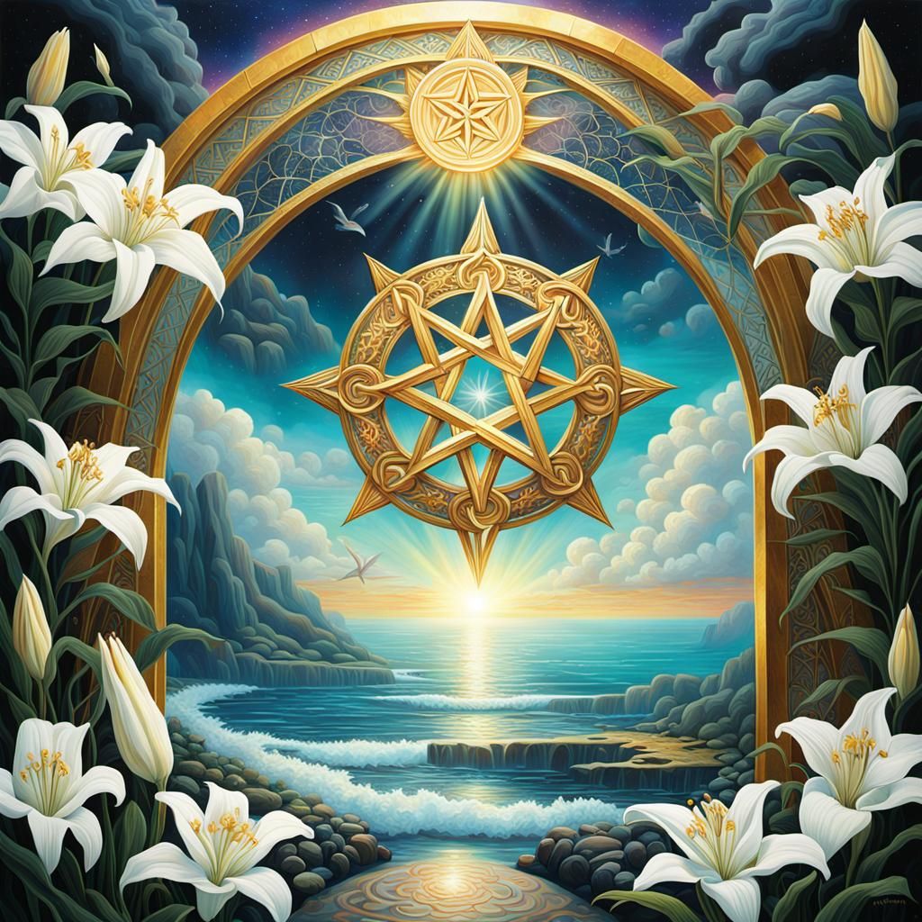 Giant Hand Holding Pentacle Over Lily Pathway