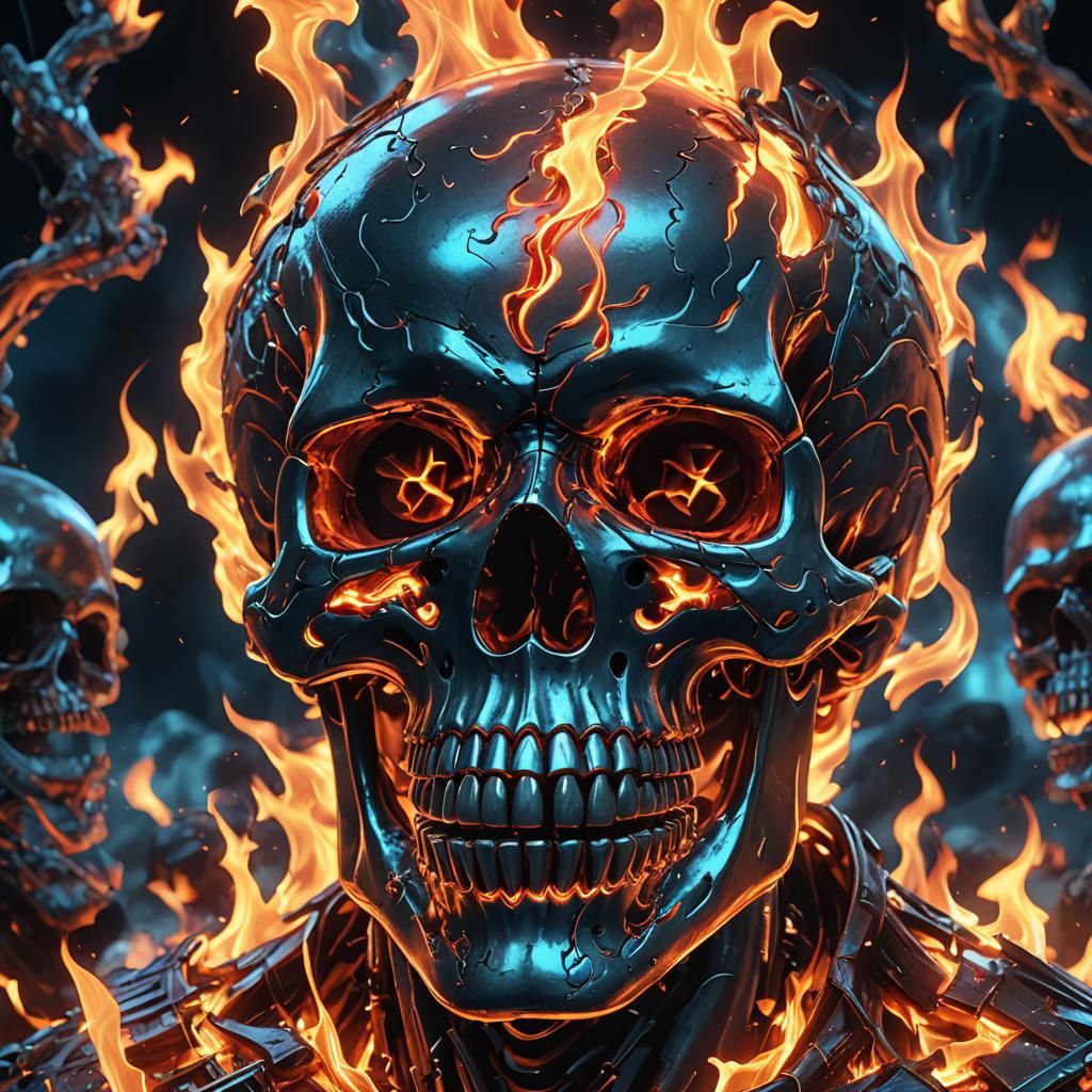 Glowing Skull Surrounded by Neon Flames in Anime Style